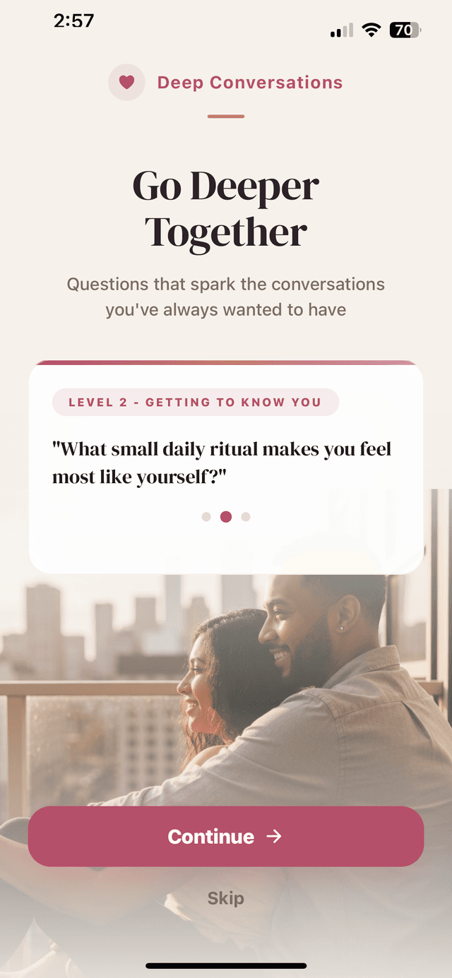 Deep Conversations app - Go Deeper Together onboarding screen