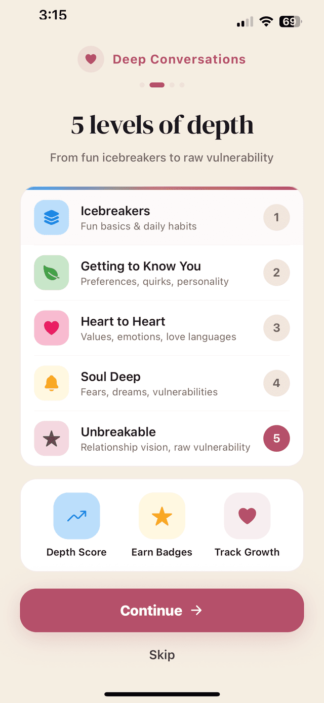 Deep Conversations app showing 5 levels of depth