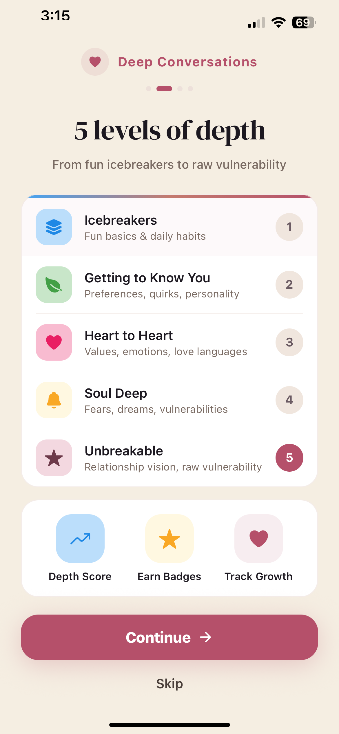 Deep Conversations app showing 5 levels of depth